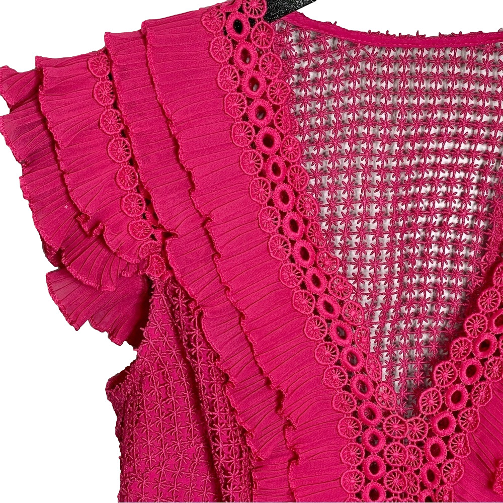 SAYLOR Pink Eyelet Ruffle Peplum Blouse Flutter Sleeve Boho Romantic Statement - Picture 7 of 16